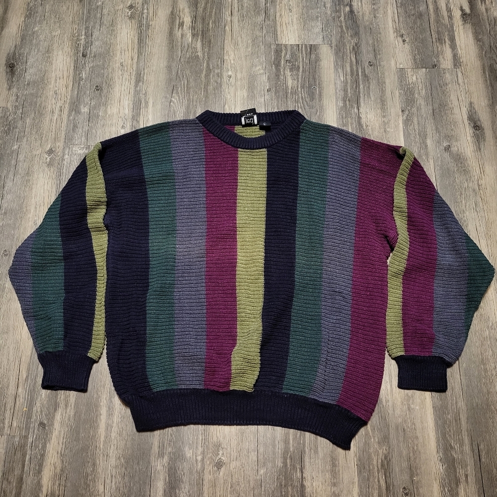 Vintage Jed Crosby Sweater Color Block Striped Knit Ramie Pullover Size Large